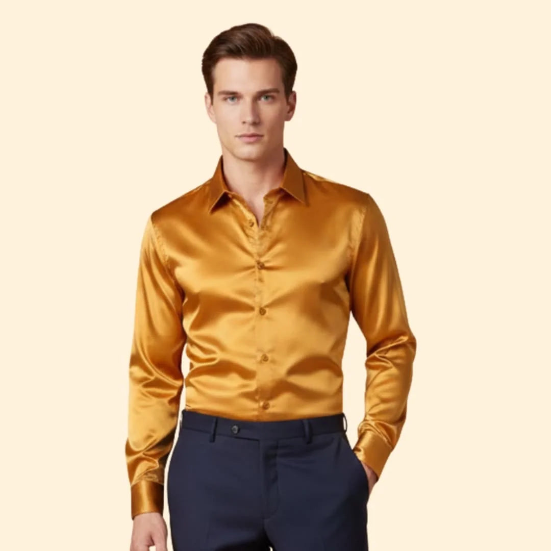 Gold Men's Satin Button Down Shirt with Long Sleeves & Classic Collar — Elliot