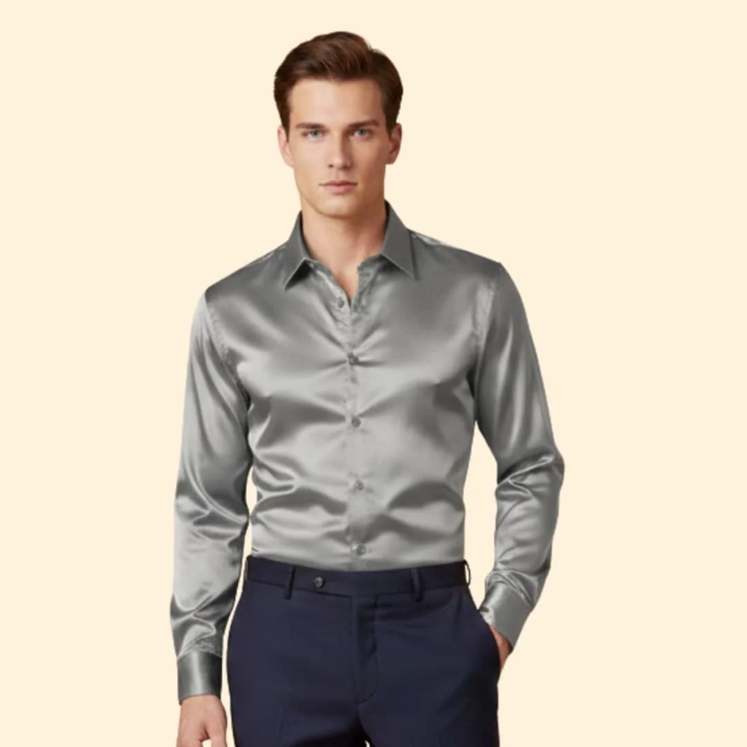 Silver Men's Satin Button Down Shirt with Long Sleeves & Classic Collar — Elliot