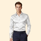 White Men's Satin Button Down Shirt with Long Sleeves & Classic Collar — Elliot