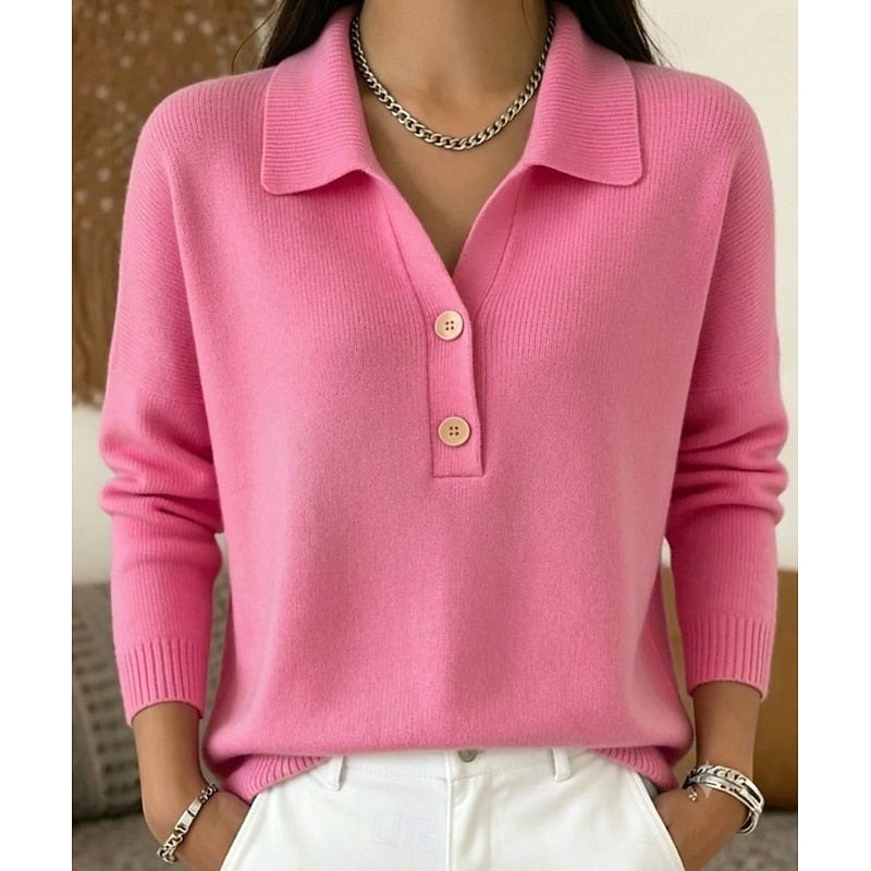 Pink Women's Polo Collar Sweater with Button-Front Placket & Relaxed Fit