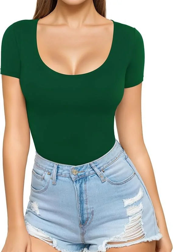 Dark Green Women's Seamless Bodysuit with Scoop Neck & Short Sleeves - Standing Pose