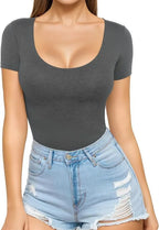 Dark Grey Women's Seamless Bodysuit with Scoop Neck & Short Sleeves