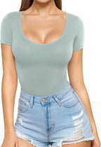 Elephant Gray Women's Seamless Bodysuit with Scoop Neck & Short Sleeves - Soft Pose