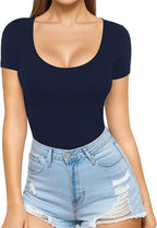 Dark Blue Women's Seamless Bodysuit with Scoop Neck & Short Sleeves - Studio White