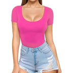 Women's Seamless Bodysuit with Scoop Neck & Short Sleeves - Front Studio
