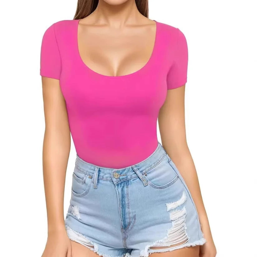 Women's Seamless Bodysuit with Scoop Neck & Short Sleeves - Front Studio