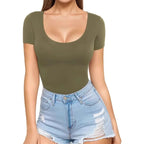 Women's Seamless Bodysuit with Scoop Neck & Short Sleeves - Front Standing