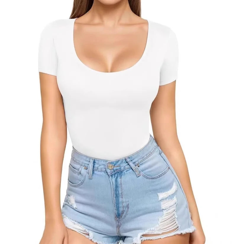 Women's Seamless Bodysuit with Scoop Neck & Short Sleeves - Front Crop