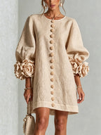 Beige Women's Mini Dress with Appliqué Cuffs & Button-Front Detail