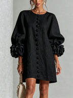 Black Women's Mini Dress with Appliqué Cuffs & Button-Front Detail - Front Full