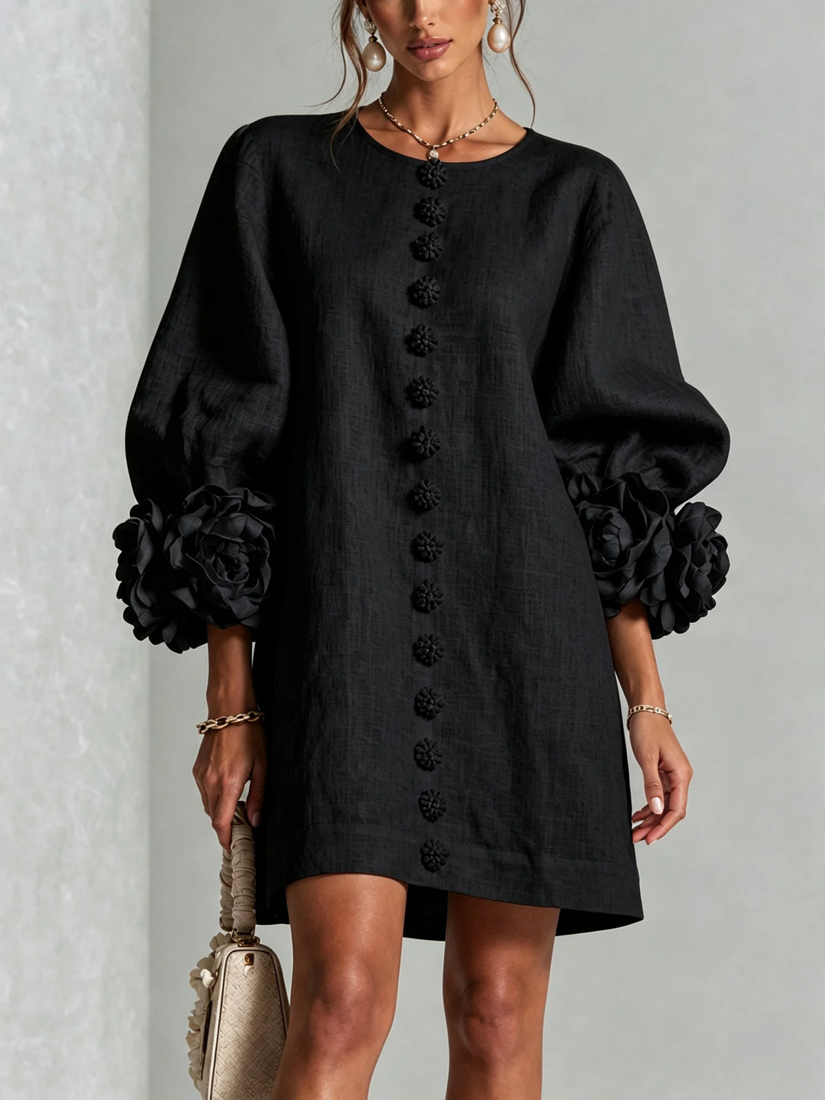 Black Women's Mini Dress with Appliqué Cuffs & Button-Front Detail - Front Full