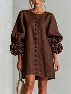 Brown Women's Mini Dress with Appliqué Cuffs & Button-Front Detail