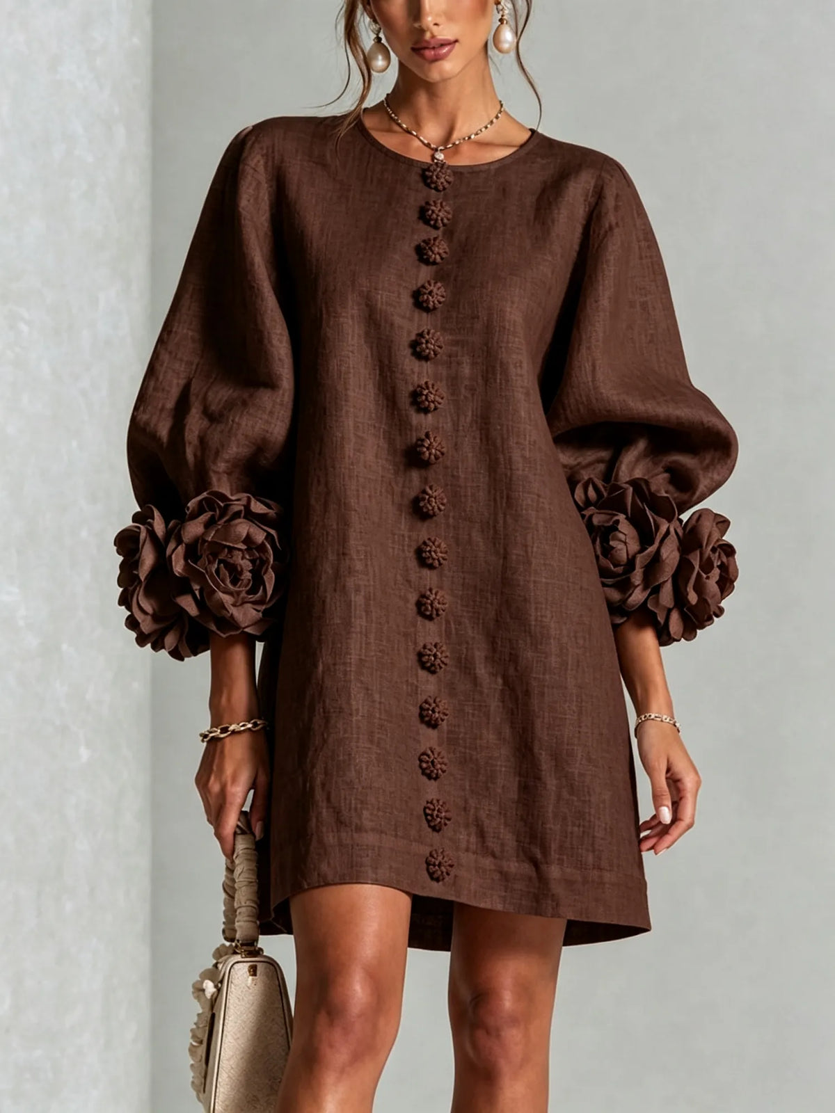 Brown Women's Mini Dress with Appliqué Cuffs & Button-Front Detail