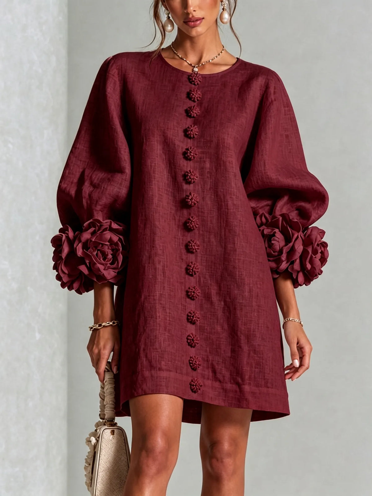 Burgundy Women's Mini Dress with Appliqué Cuffs & Button-Front Detail