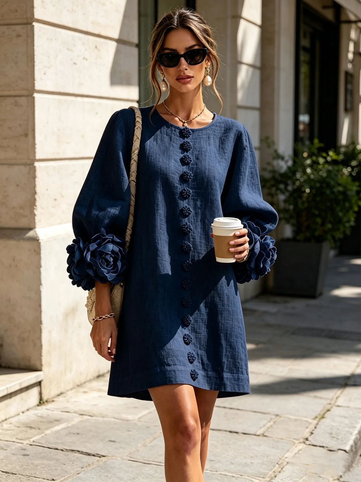 Women's Mini Dress with Appliqué Cuffs & Button-Front Detail - Street Style