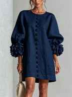 Navy Blue Women's Mini Dress with Appliqué Cuffs & Button-Front Detail