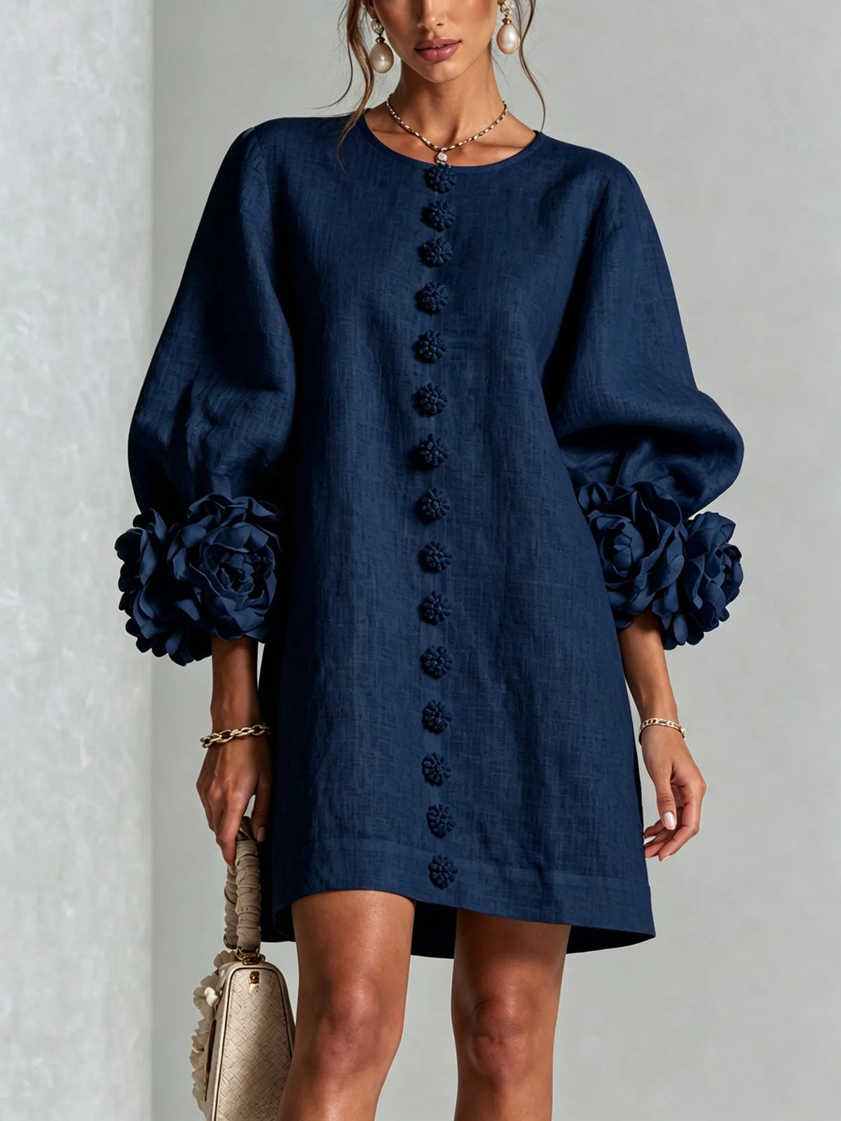 Navy Blue Women's Mini Dress with Appliqué Cuffs & Button-Front Detail