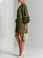 Women's Mini Dress with Appliqué Cuffs & Button-Front Detail - Side Pose