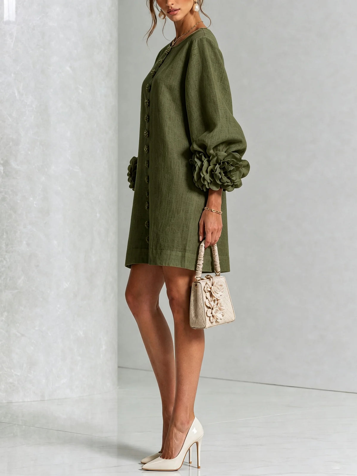 Women's Mini Dress with Appliqué Cuffs & Button-Front Detail - Side Pose