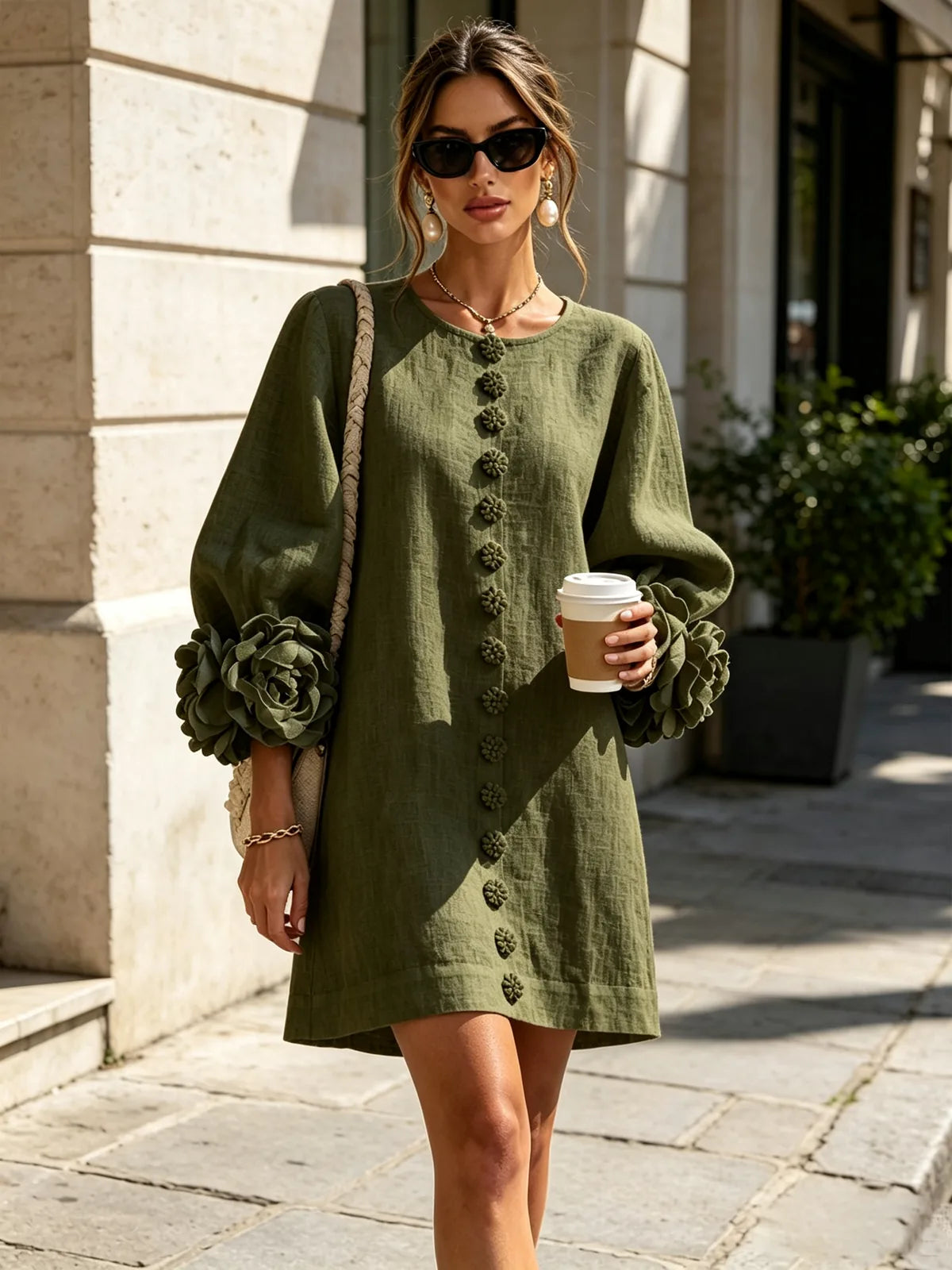Women's Mini Dress with Appliqué Cuffs & Button-Front Detail - Street Style