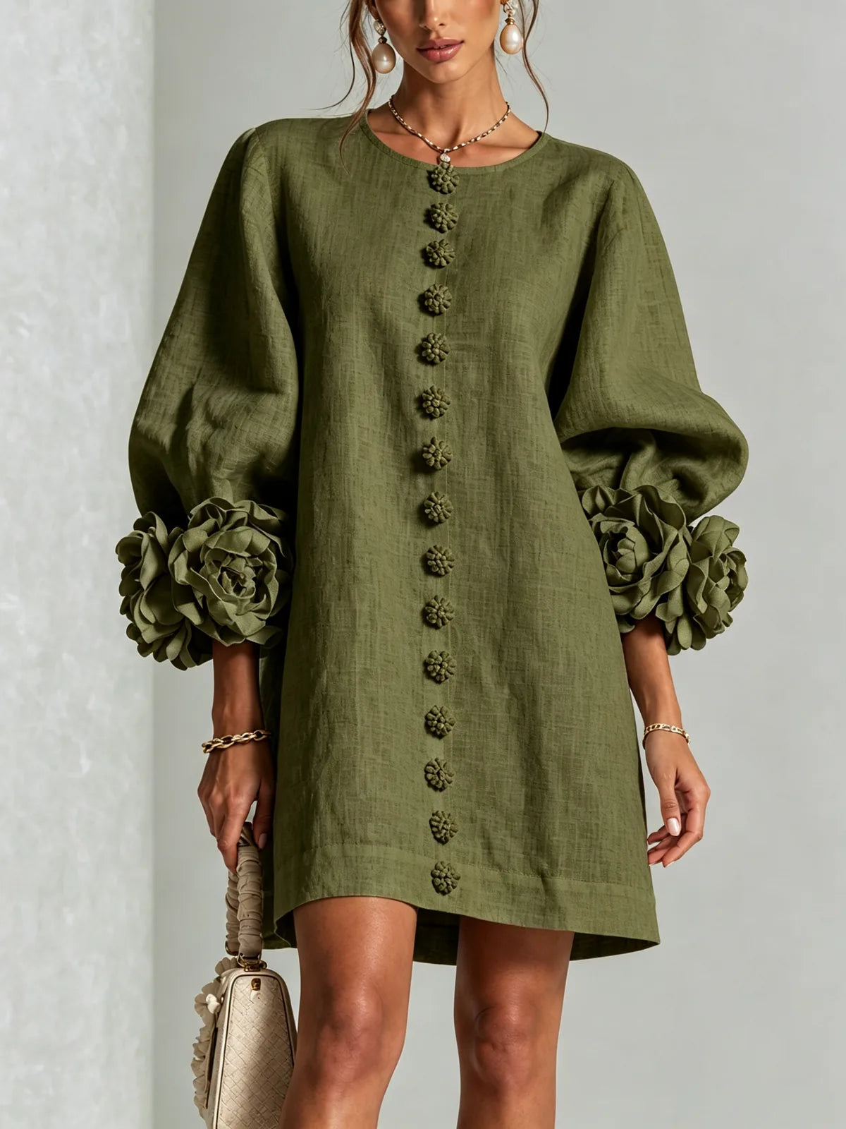 Olive Green Women's Mini Dress with Appliqué Cuffs & Button-Front Detail