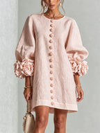 Pink Women's Mini Dress with Appliqué Cuffs & Button-Front Detail