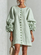 Sage Green Women's Mini Dress with Appliqué Cuffs & Button-Front Detail