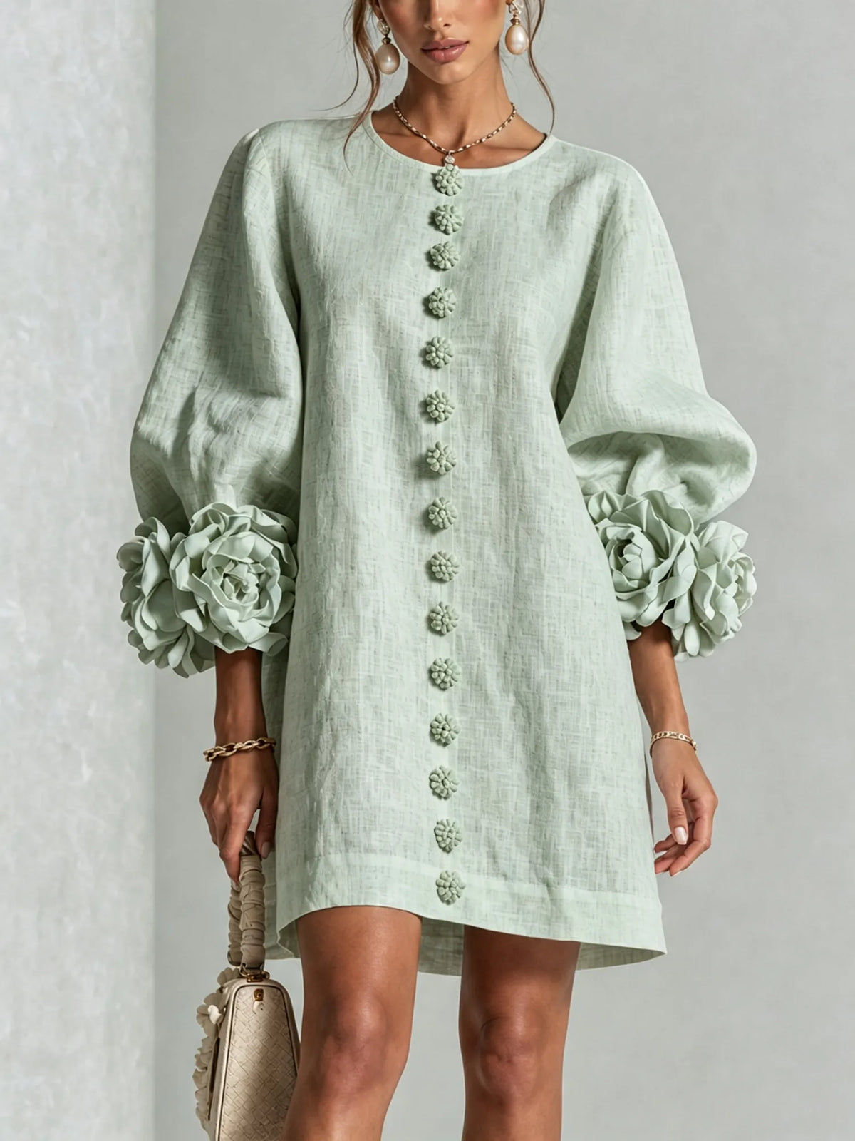 Sage Green Women's Mini Dress with Appliqué Cuffs & Button-Front Detail