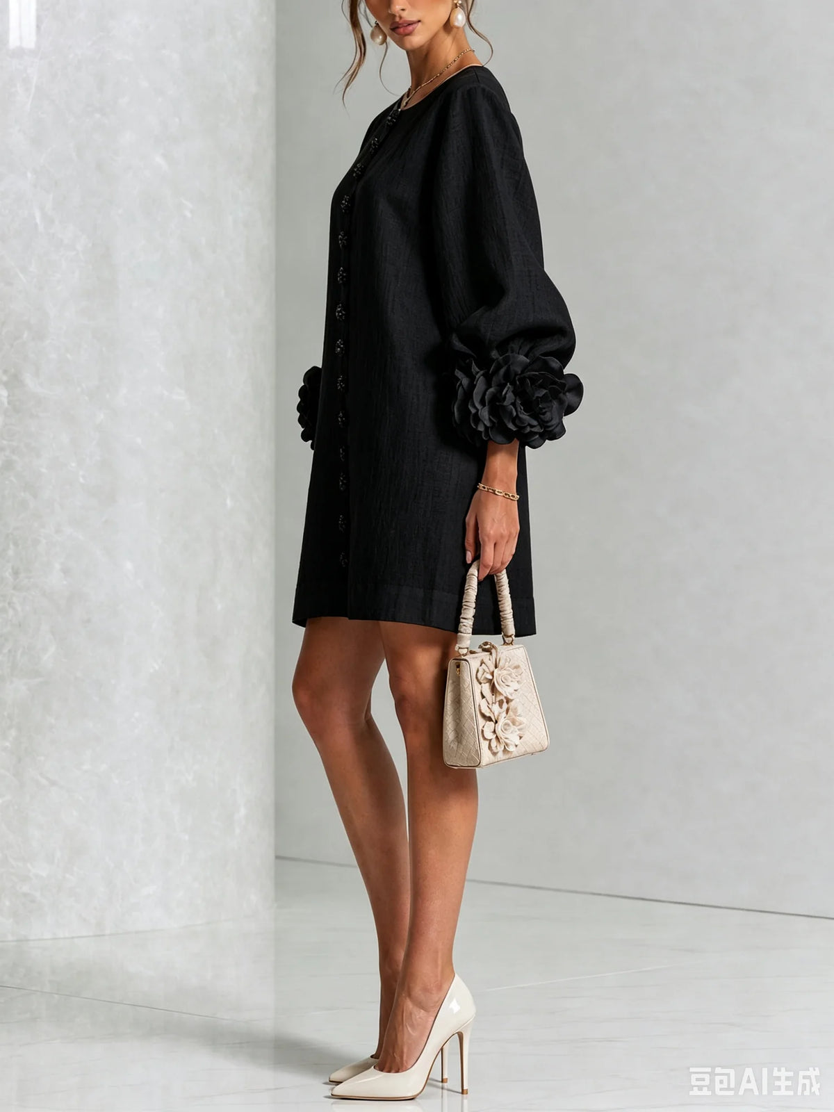 Women's Mini Dress with Appliqué Cuffs & Button-Front Detail