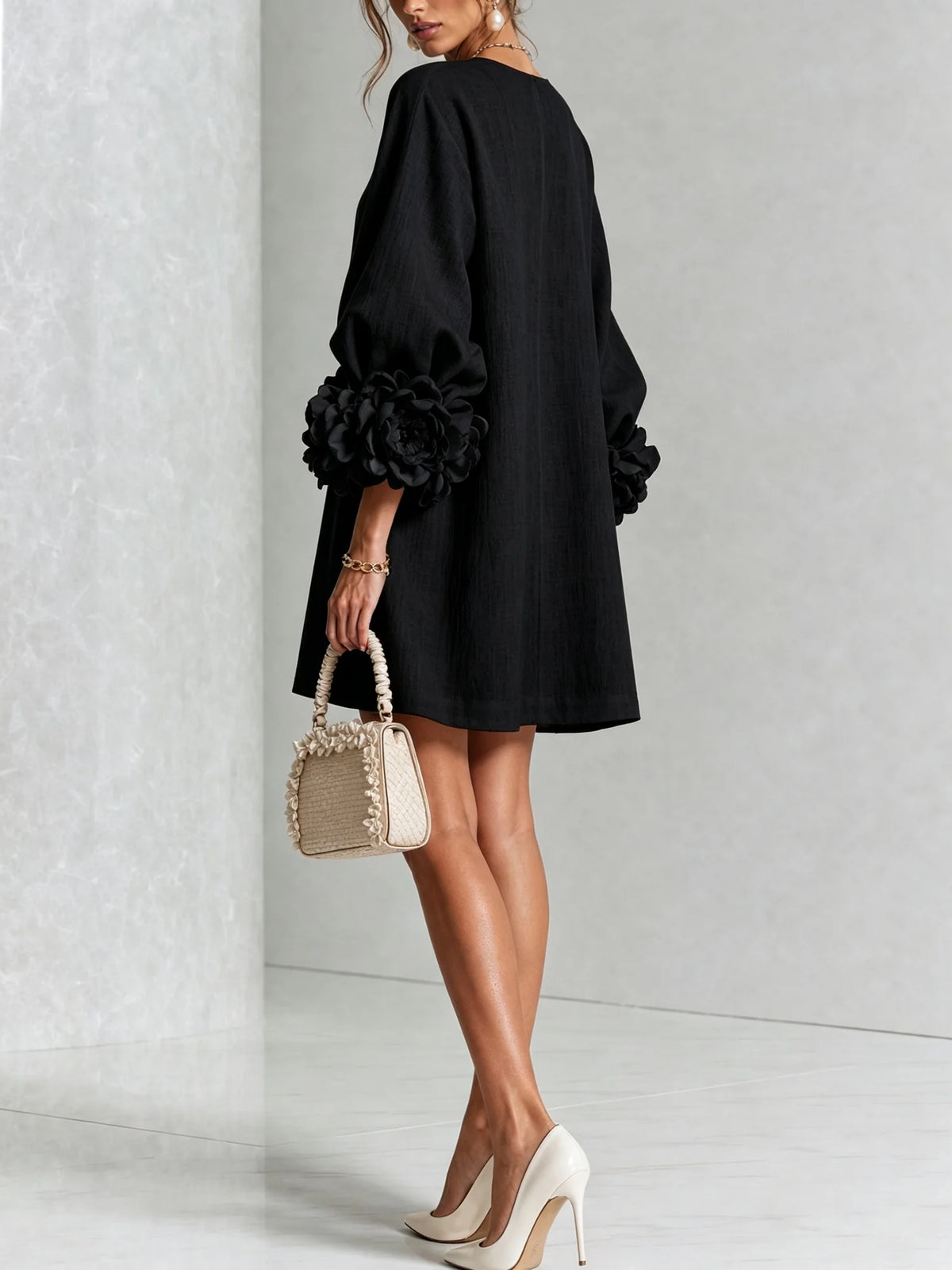 Women's Mini Dress with Appliqué Cuffs & Button-Front Detail