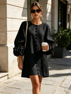 Women's Mini Dress with Appliqué Cuffs & Button-Front Detail