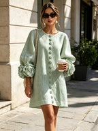 Women's Mini Dress with Appliqué Cuffs & Button-Front Detail