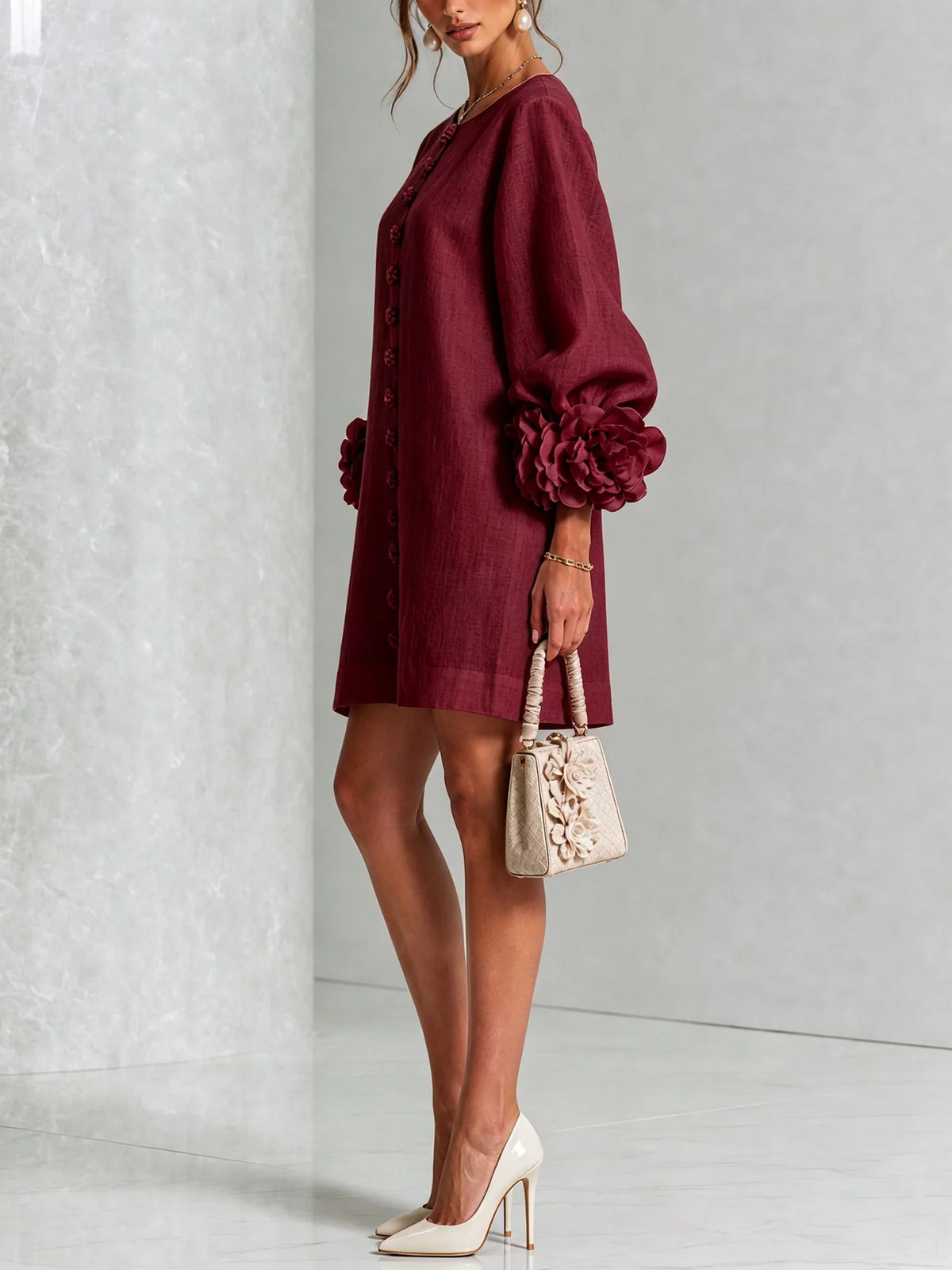 Women's Mini Dress with Appliqué Cuffs & Button-Front Detail