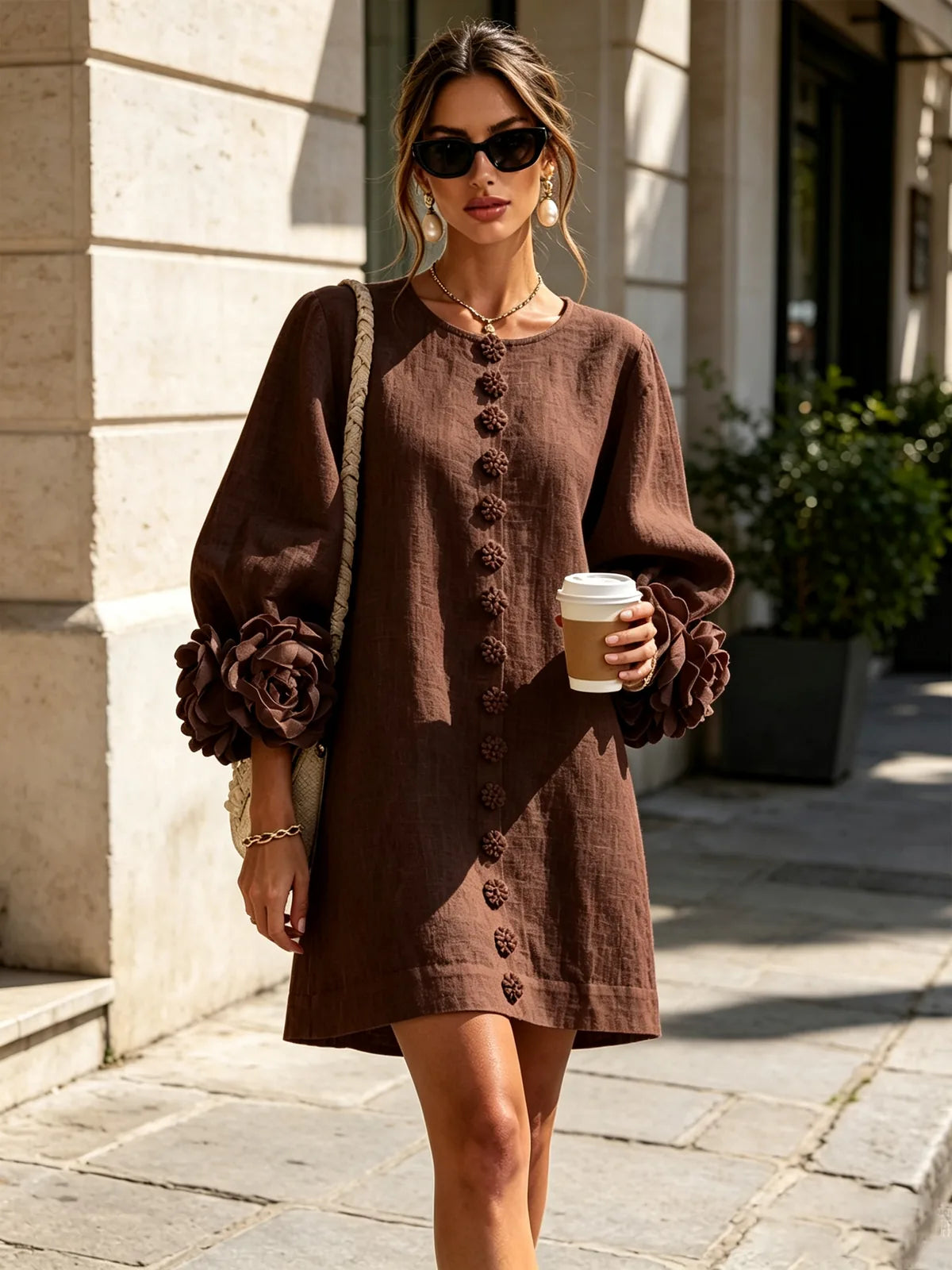 Women's Mini Dress with Appliqué Cuffs & Button-Front Detail