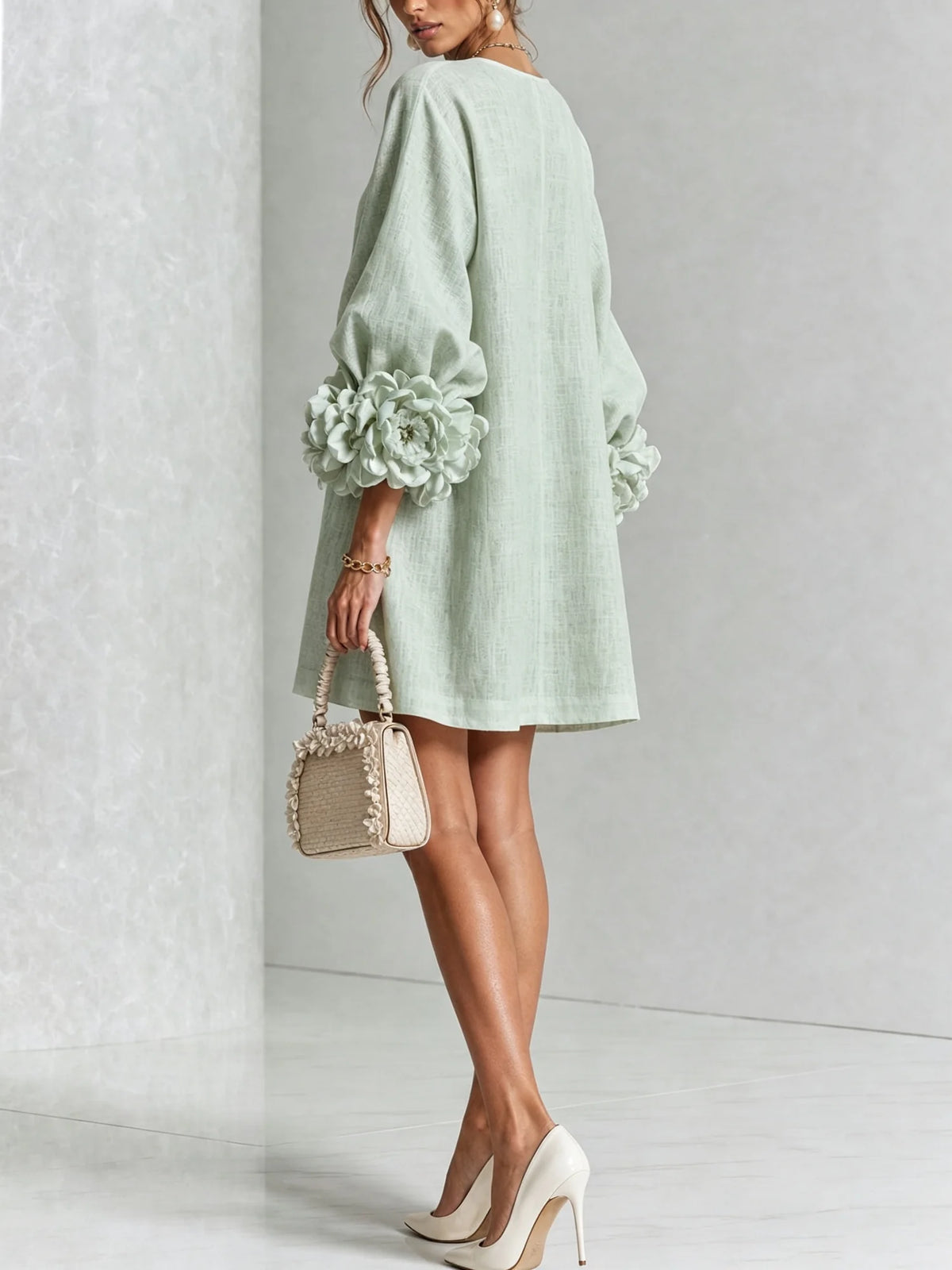 Women's Mini Dress with Appliqué Cuffs & Button-Front Detail