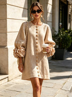 Women's Mini Dress with Appliqué Cuffs & Button-Front Detail