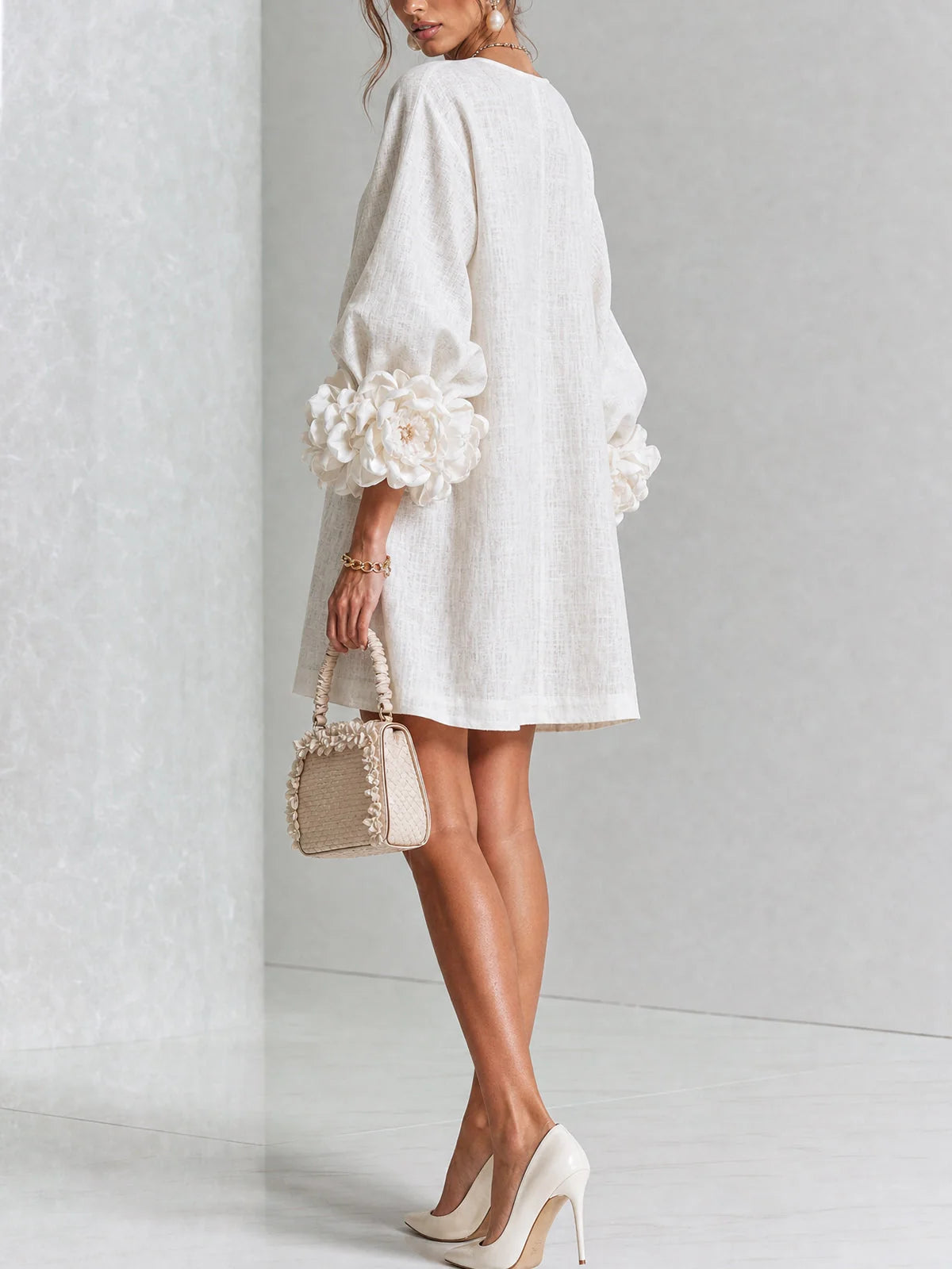 Women's Mini Dress with Appliqué Cuffs & Button-Front Detail - Back View