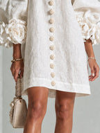 Women's Mini Dress with Appliqué Cuffs & Button-Front Detail - Close Up Hem