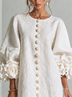 Women's Mini Dress with Appliqué Cuffs & Button-Front Detail - Close Up Neckline