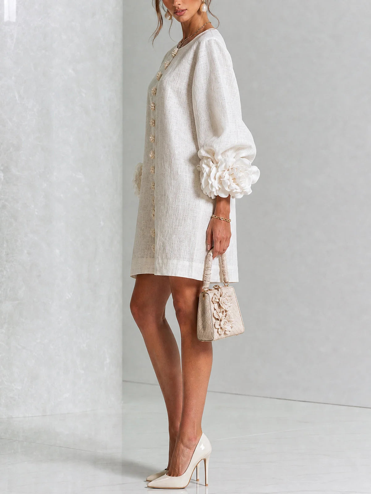 Women's Mini Dress with Appliqué Cuffs & Button-Front Detail - Side Pose