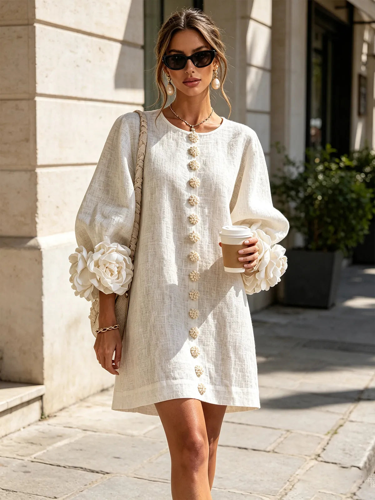 Women's Mini Dress with Appliqué Cuffs & Button-Front Detail - Street Style