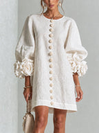White Women's Mini Dress with Appliqué Cuffs & Button-Front Detail