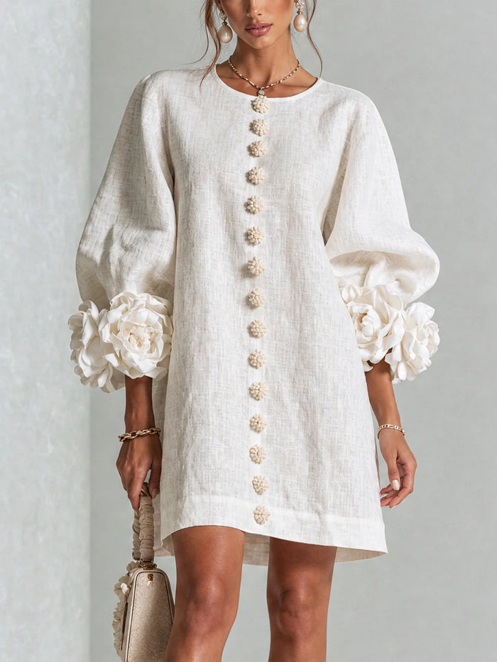 White Women's Mini Dress with Appliqué Cuffs & Button-Front Detail
