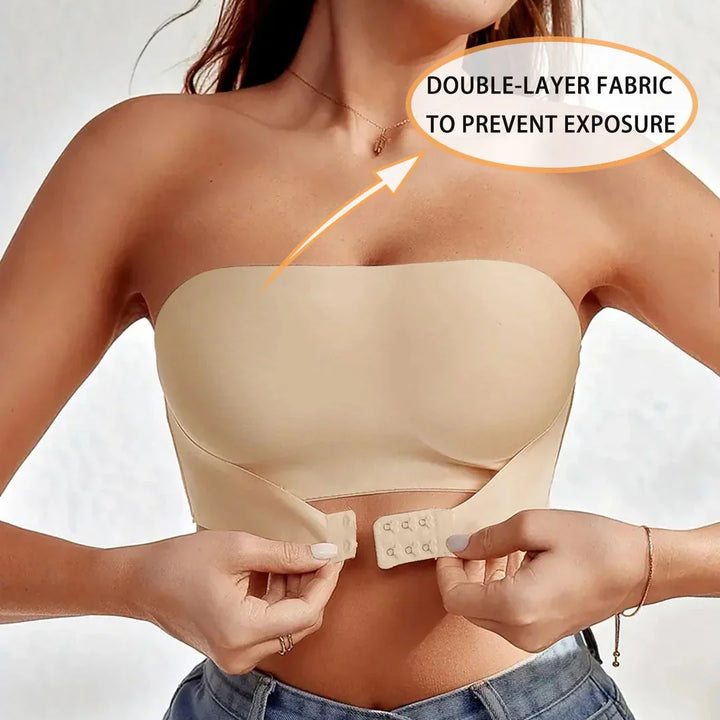 Beige Women's Seamless Strapless Bra — Lena Bandeau Double-Layer Wireless - Front Feature Callout