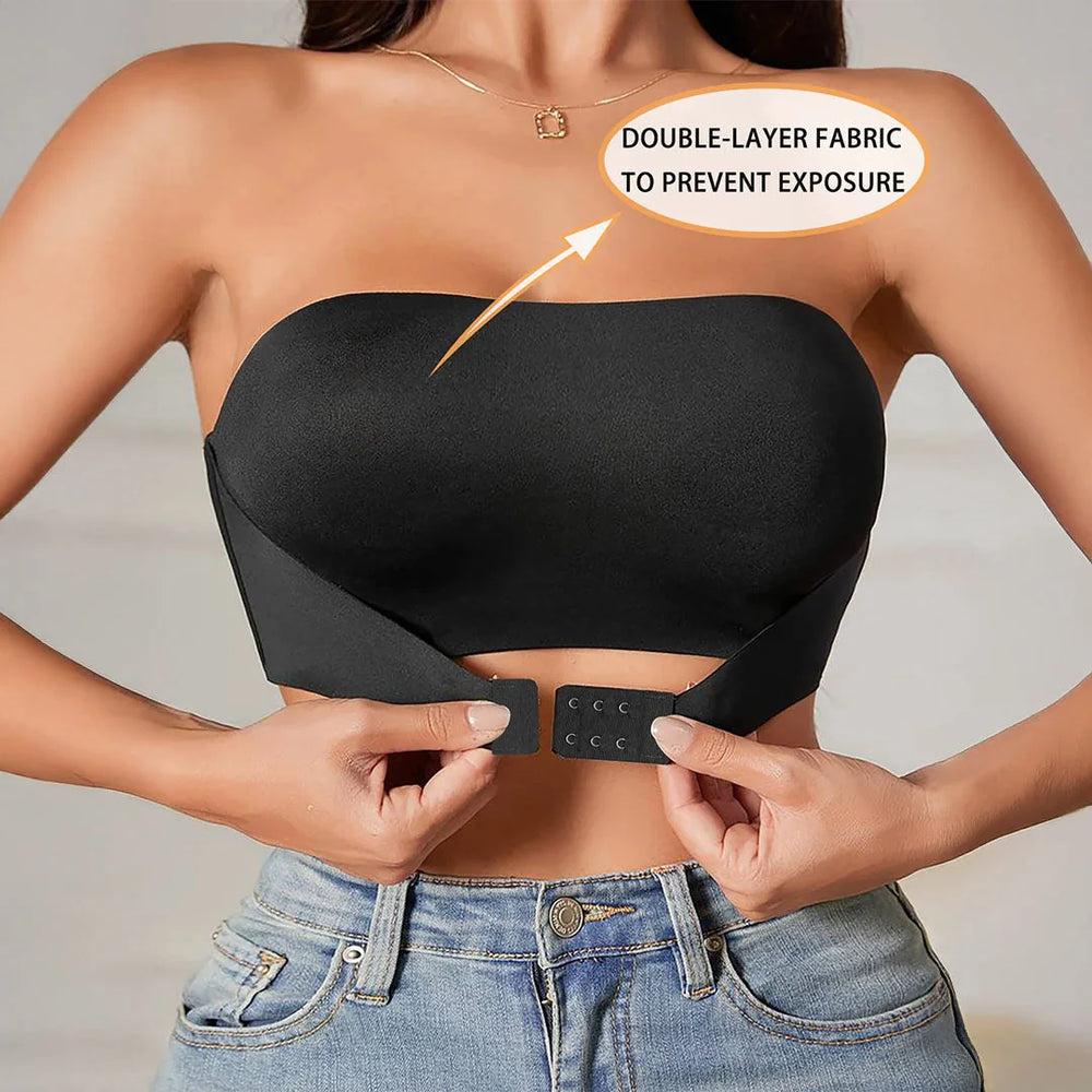 Black Women's Seamless Strapless Bra — Lena Bandeau Double-Layer Wireless - Front Feature Callout
