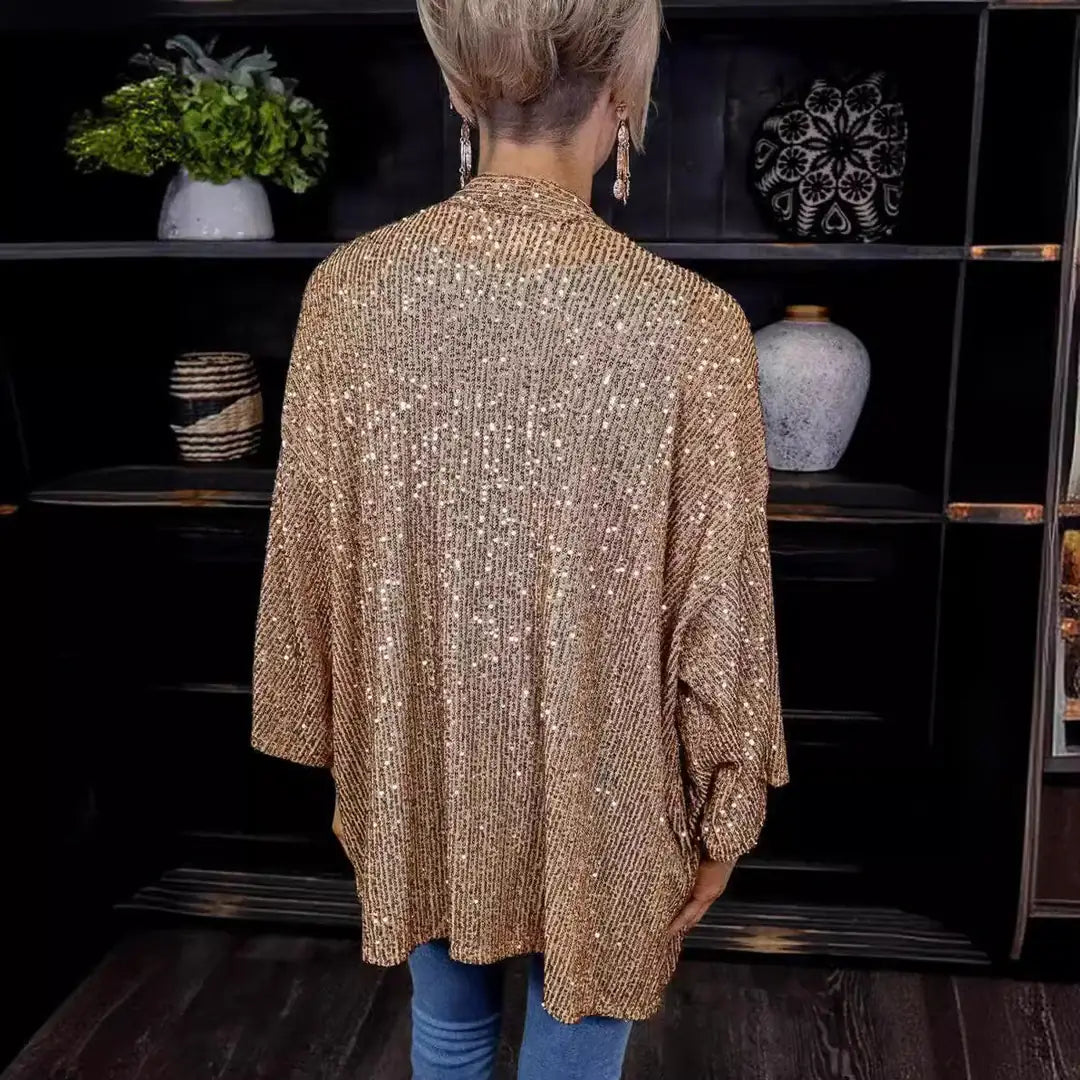 Champagne Women's Sequin Loose Fit Cardigan with Ribbed Knit Texture & 3/4 Sleeves — Melody - Back Full