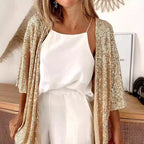 Champagne Women's Sequin Loose Fit Cardigan with Ribbed Knit Texture & 3/4 Sleeves — Melody - Close Up Front