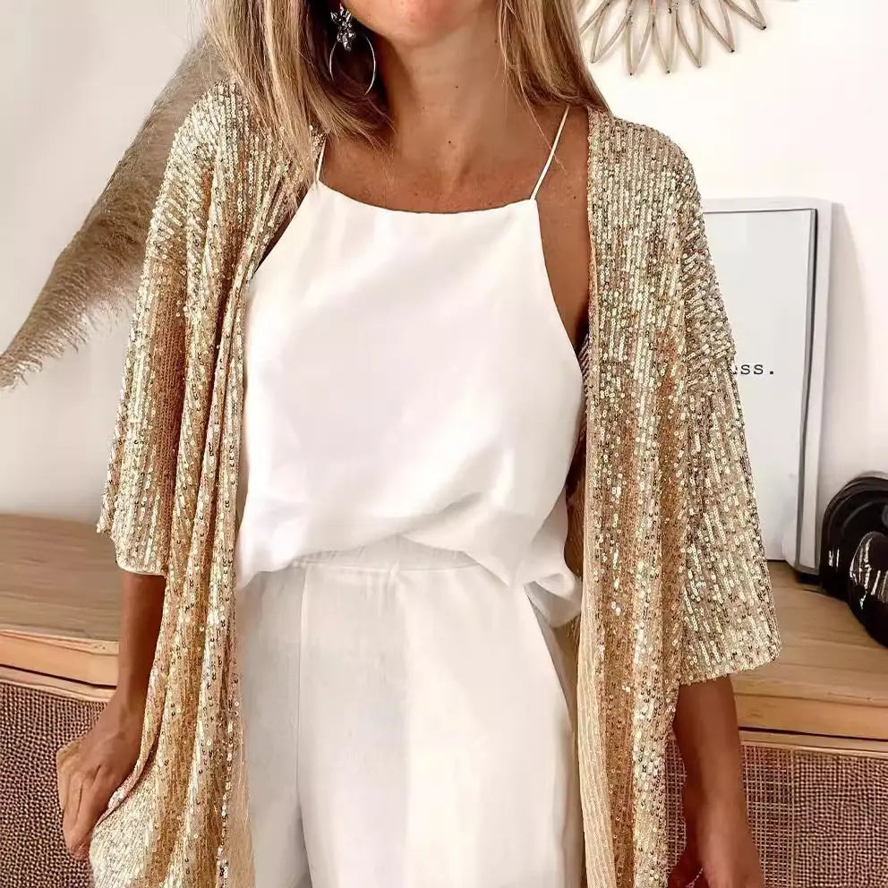 Champagne Women's Sequin Loose Fit Cardigan with Ribbed Knit Texture & 3/4 Sleeves — Melody - Close Up Front