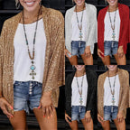 Champagne Women's Sequin Loose Fit Cardigan with Ribbed Knit Texture & 3/4 Sleeves — Melody - Grid Collage