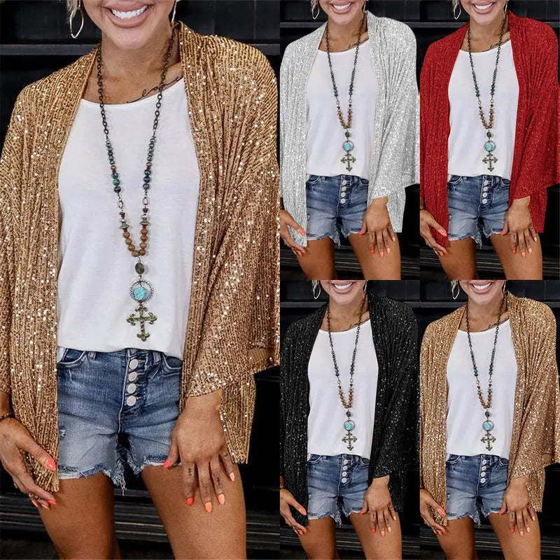 Champagne Women's Sequin Loose Fit Cardigan with Ribbed Knit Texture & 3/4 Sleeves — Melody - Grid Collage